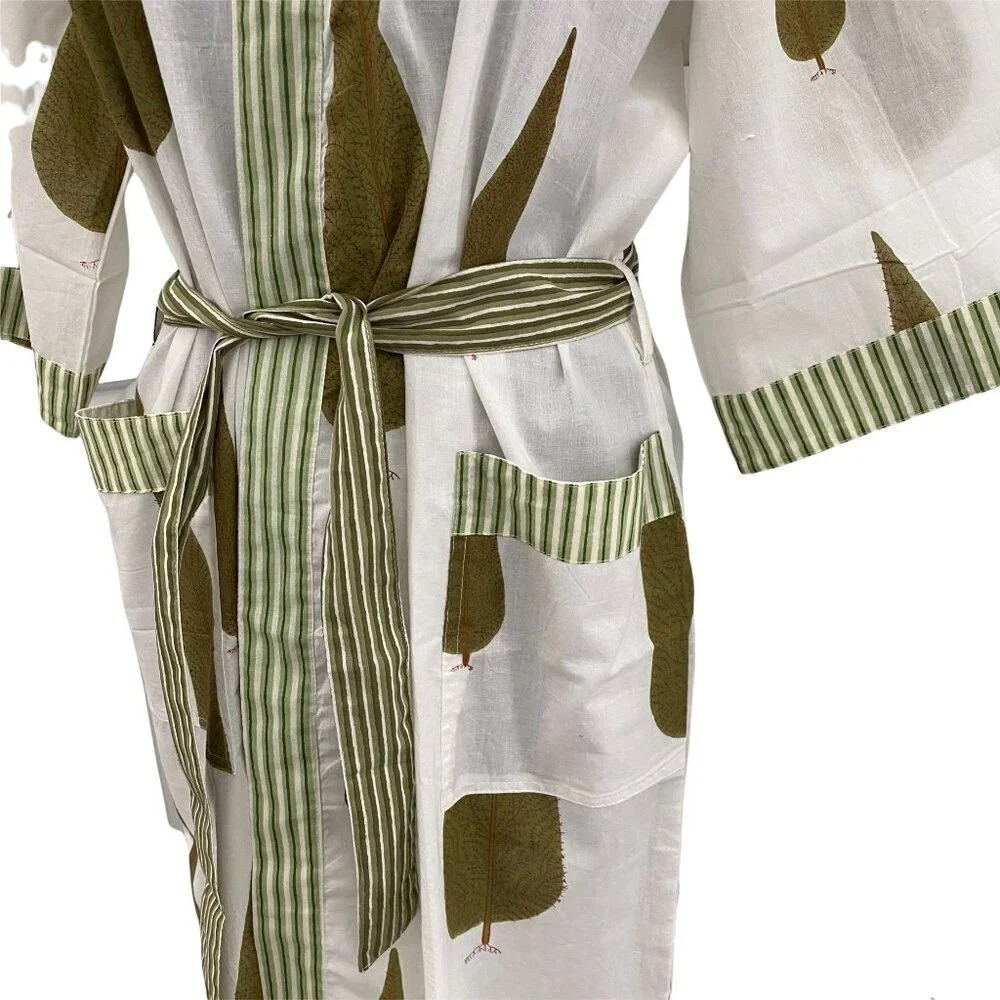 Cotton Block Printed Robe Green Cypress Tree Print - Picture 2 of 7